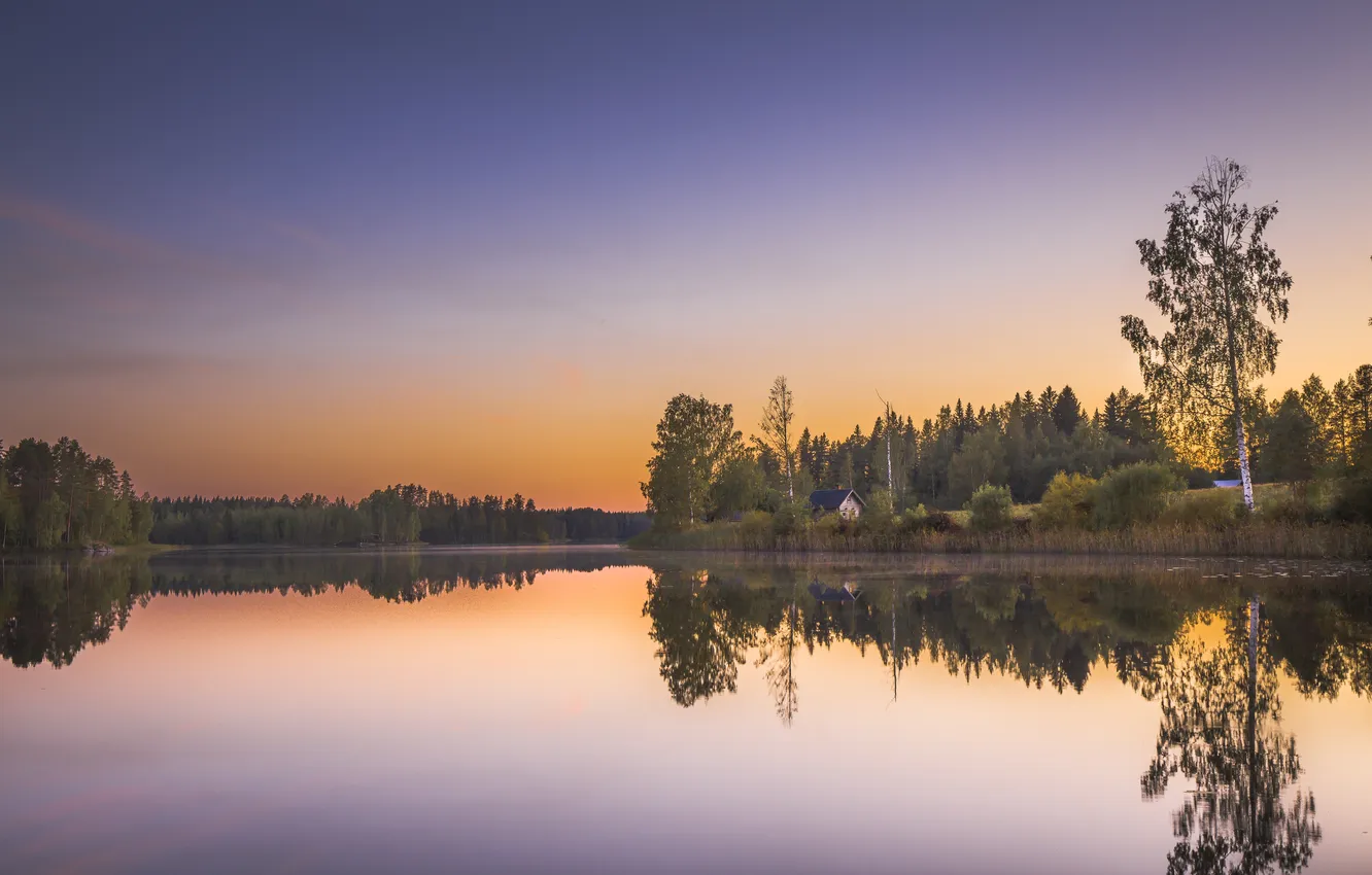 Photo wallpaper the sky, trees, sunset, lake, house, reflection, mirror, the countryside