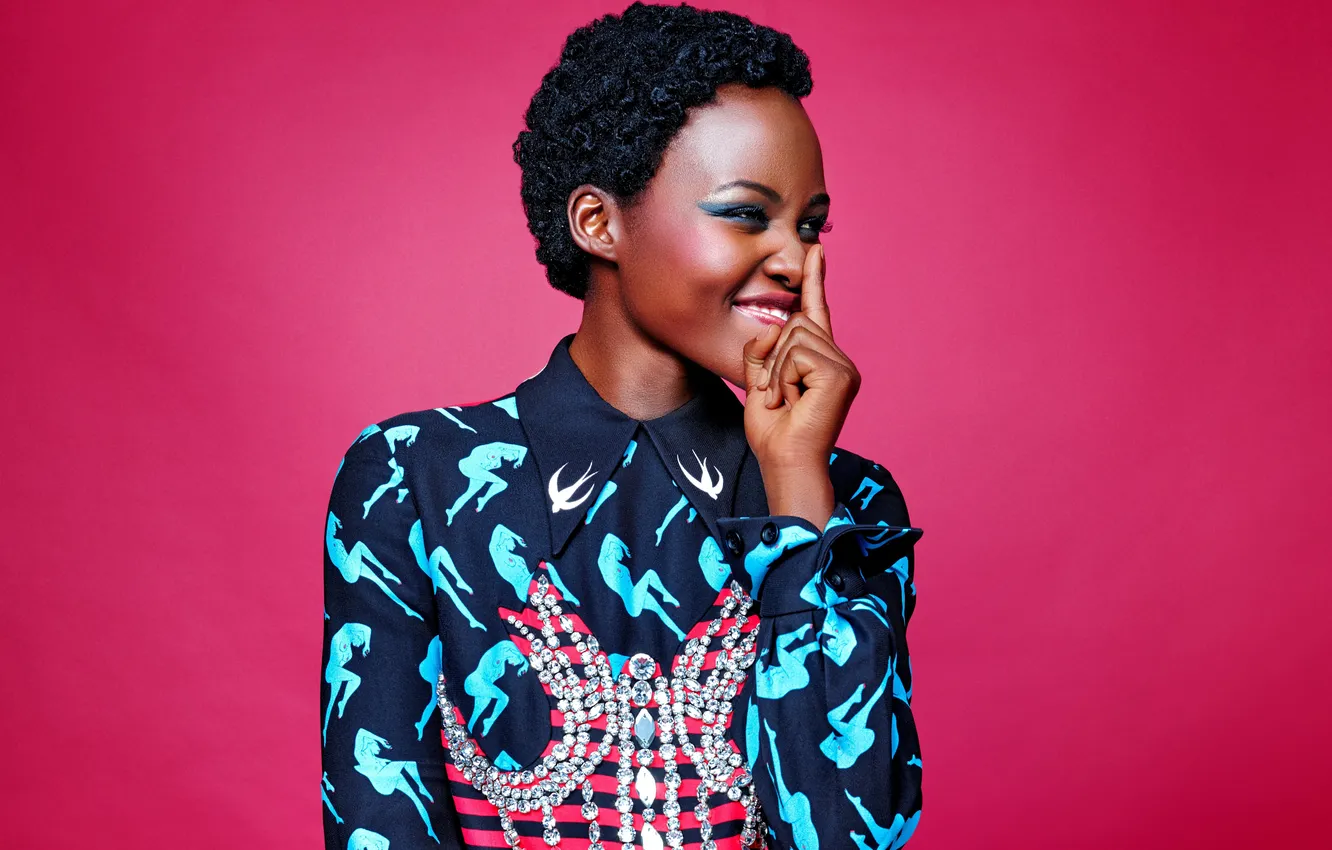 Photo wallpaper girl, smile, black, actress, Afro, Lupita Nyong'o