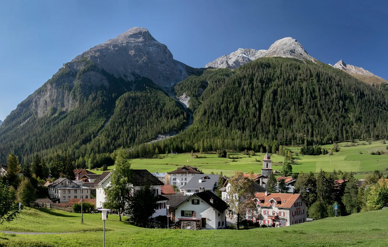 Photo wallpaper trees, mountains, home, Switzerland, valley, village, Alps, Switzerland
