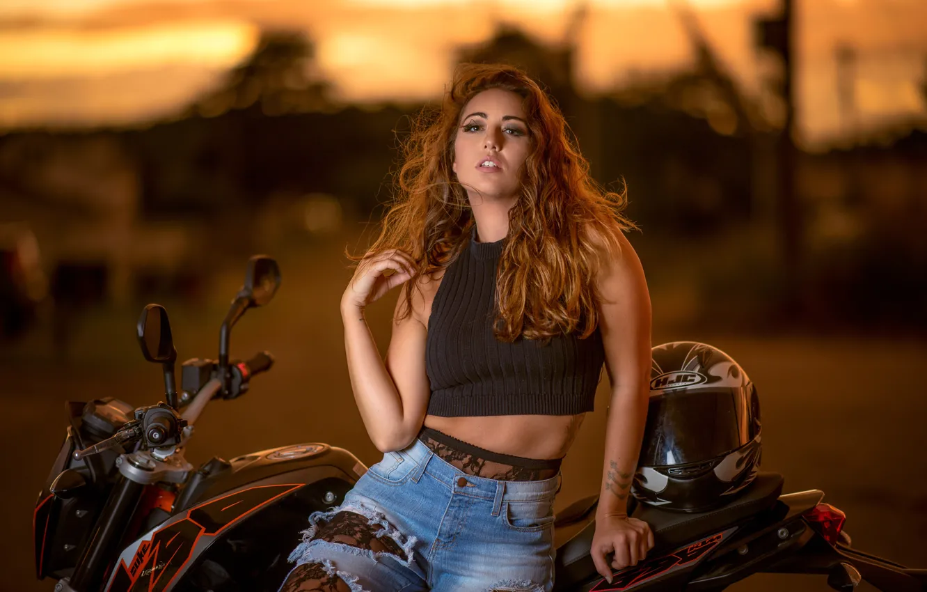 Photo wallpaper girl, face, style, hair, the evening, bike