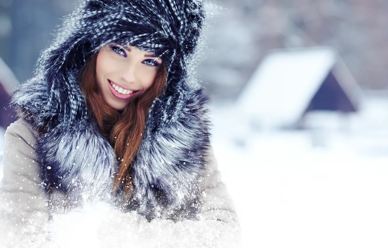 Photo wallpaper winter, look, girl, snow, joy, smile, house, hat