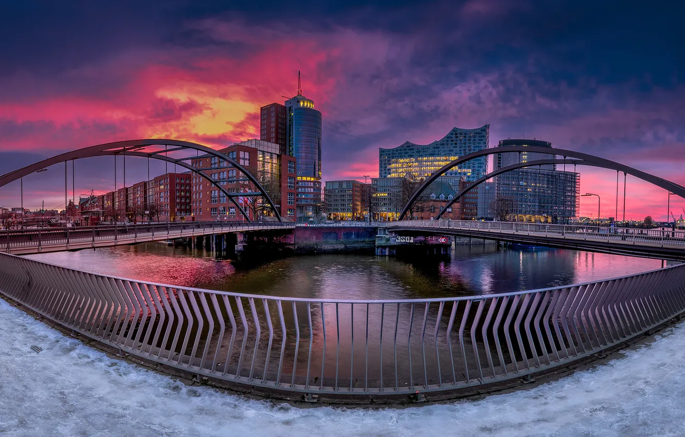 Photo wallpaper the sky, sunset, bridge, the city, river, home, skyscrapers, Germany