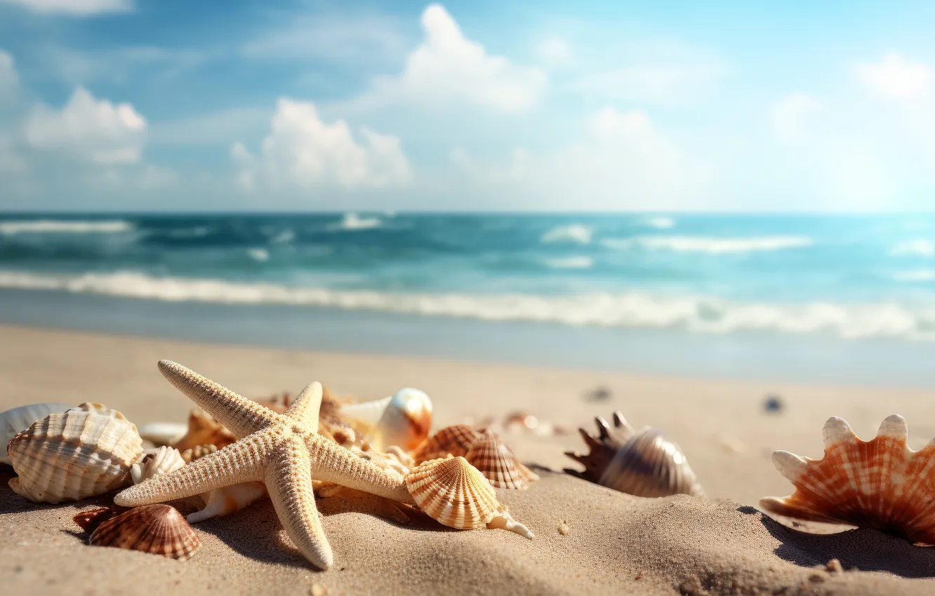 Photo wallpaper sea, beach, shore, shell, starfish, seashells, seashell, AI art