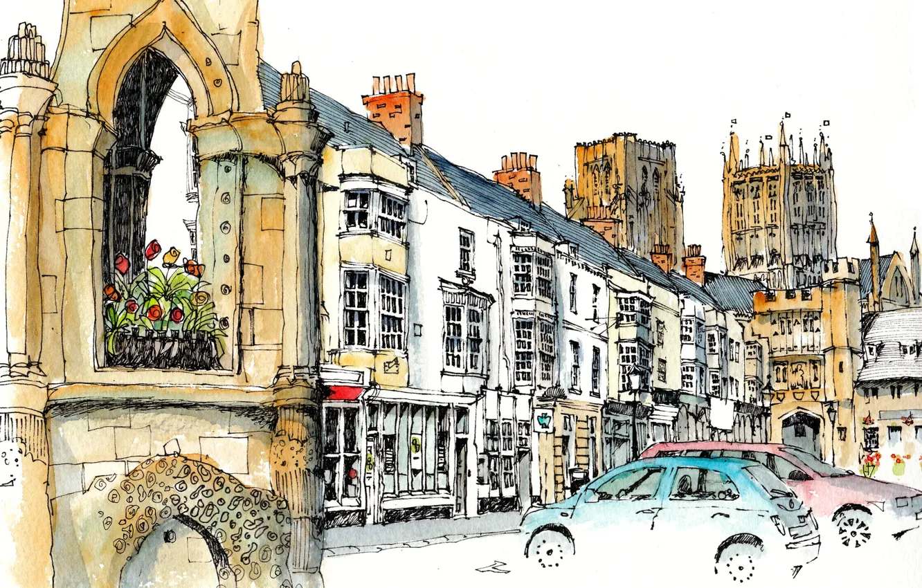 Photo wallpaper the city, paint, figure, tower, home, UK, car, Keword