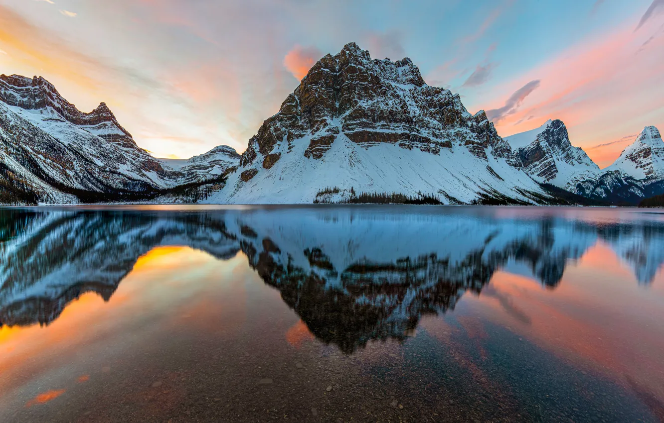 Photo wallpaper winter, forest, clouds, light, snow, mountains, lake, reflection