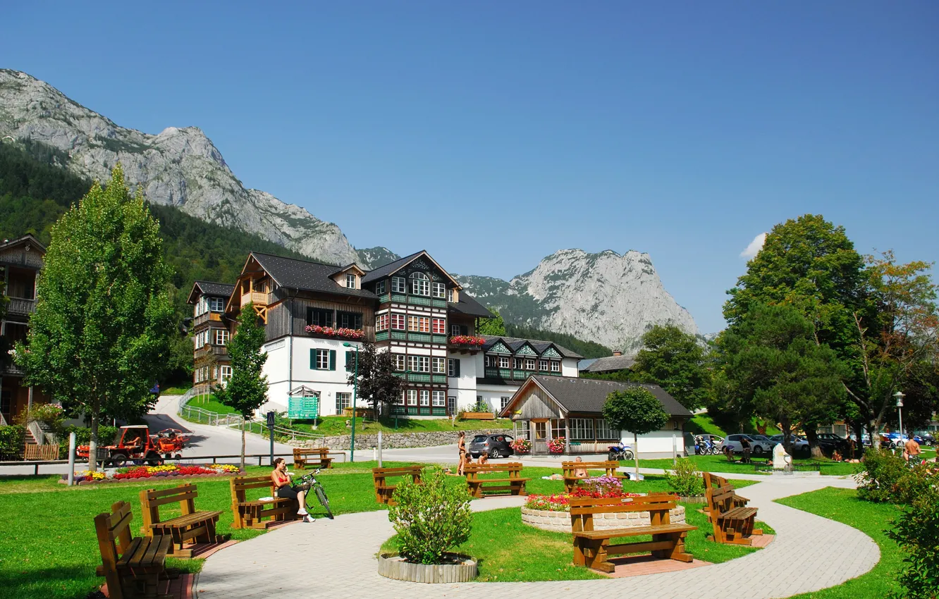 Photo wallpaper summer, the sky, mountains, landscape, home, Austria, town, benches