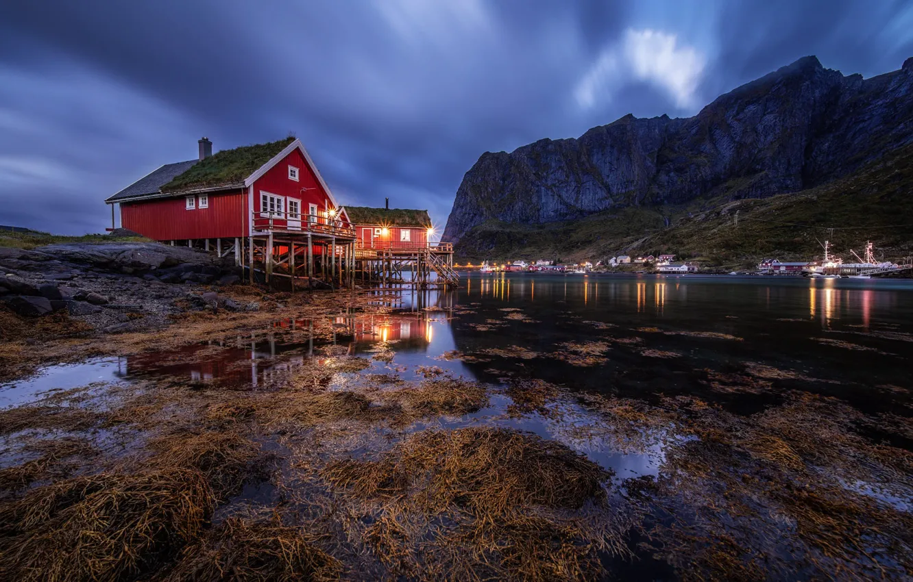 Photo wallpaper house, Lofoten, mountains, shore, lights, pond, night