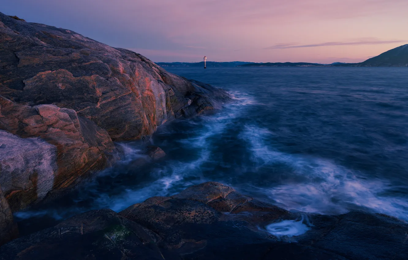 Photo wallpaper sea, wave, the sky, stones, rocks, shore, lighthouse, the evening
