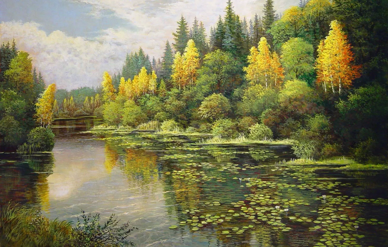 Photo wallpaper lake, Lotus, painting, landscape, mixed forest, Mark Kalpin, the beginning of autumn, yellow birch