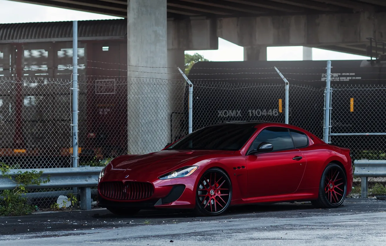 Photo wallpaper red, Maserati, the fence, red, wheels, side view, Maserati, barbed wire