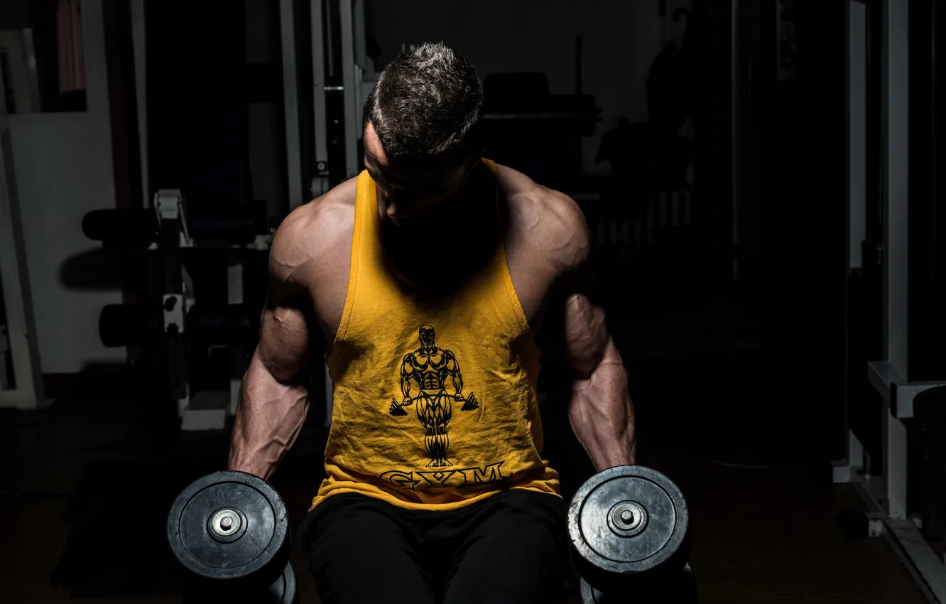Photo wallpaper muscles, gym, dumbbells, bodybuilder