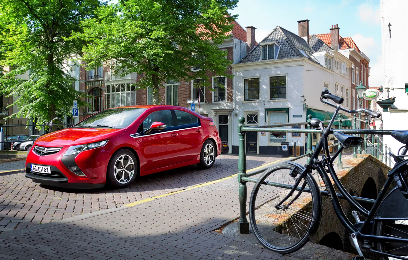 Photo wallpaper auto, trees, red, bike, street, Opel, Ampera