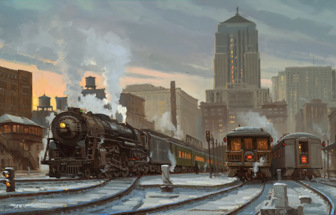Wallpaper city, art, station, train, painting art for