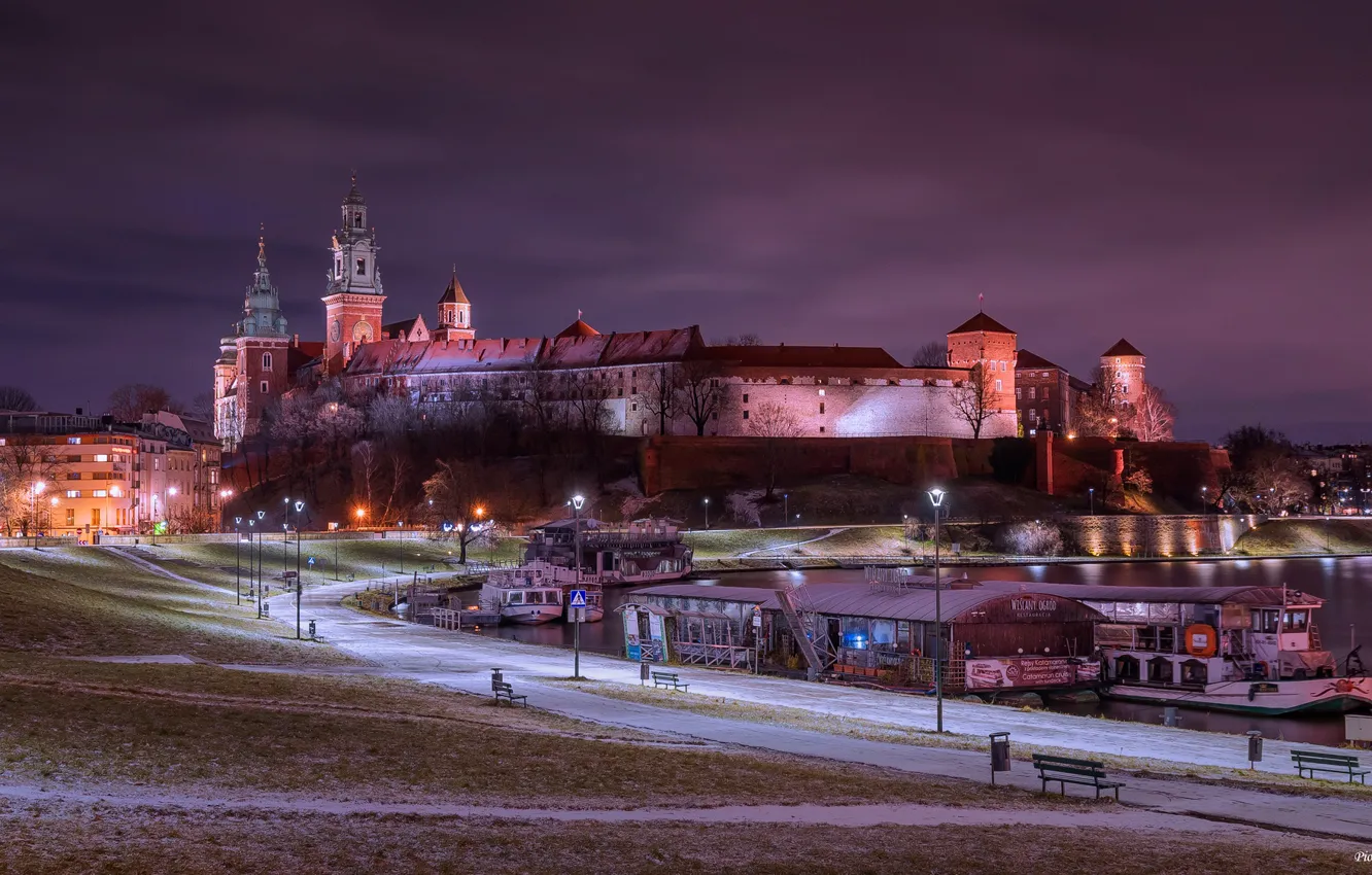 Photo wallpaper night, the city, lighting, Poland, Krakow, wawel Castle
