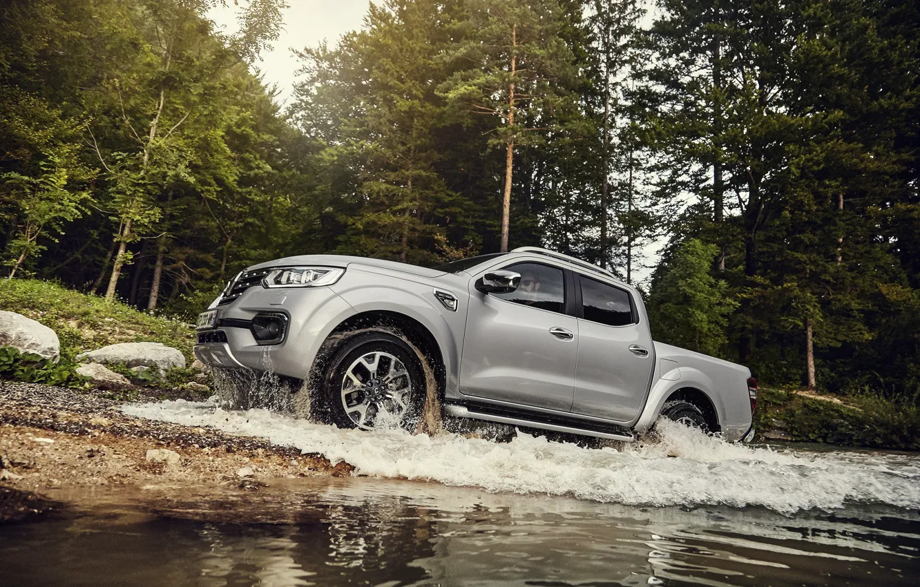 Photo wallpaper water, stones, shore, Renault, pickup, 4x4, 2017, Alaskan