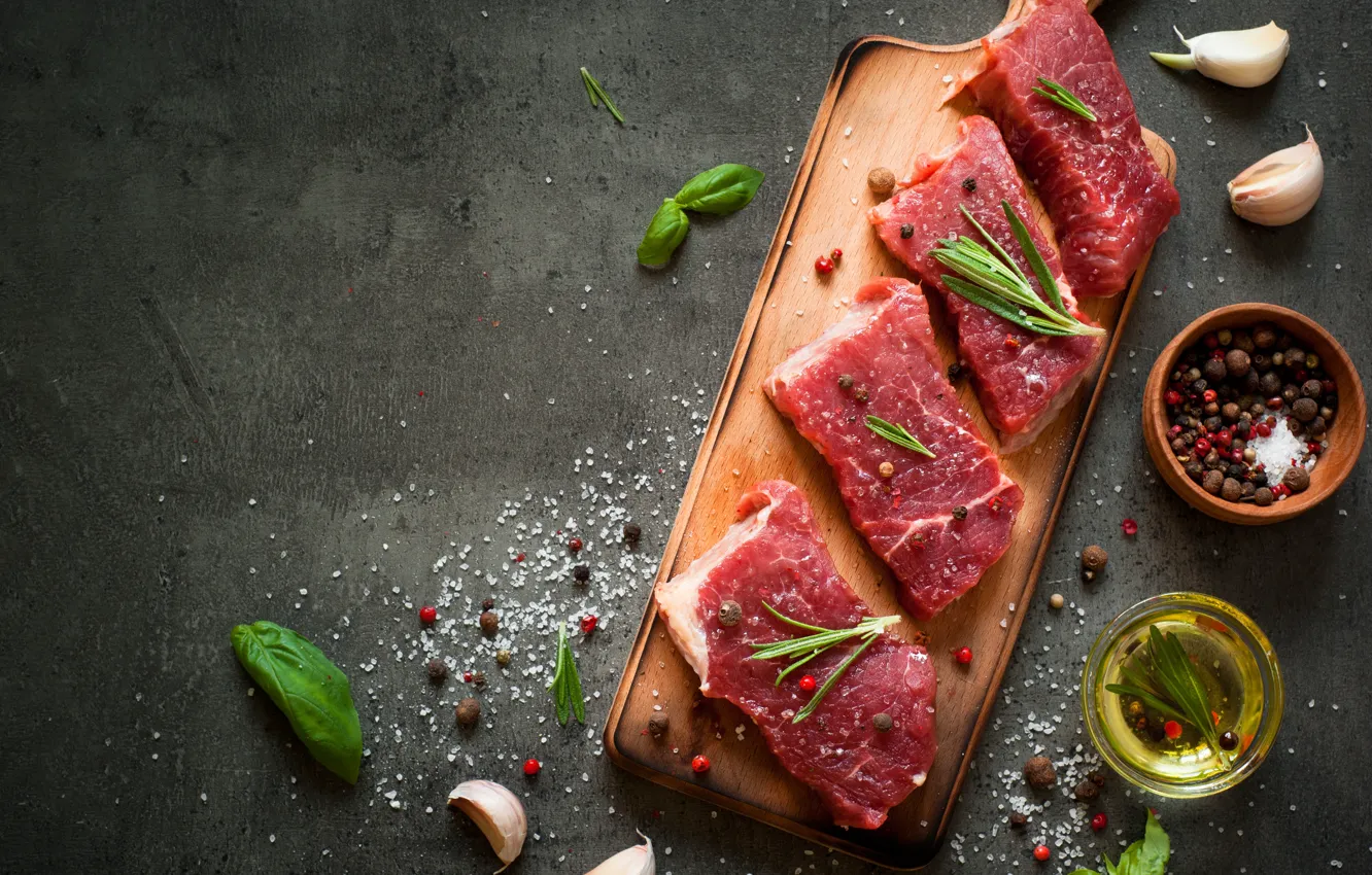Photo wallpaper table, condiments, raw meat