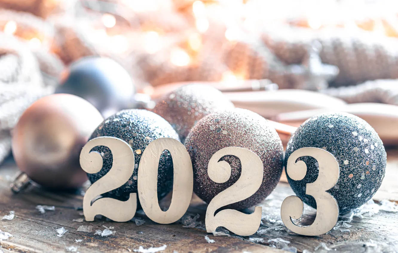 Photo wallpaper balls, table, balls, Board, Shine, blur, figures, New year