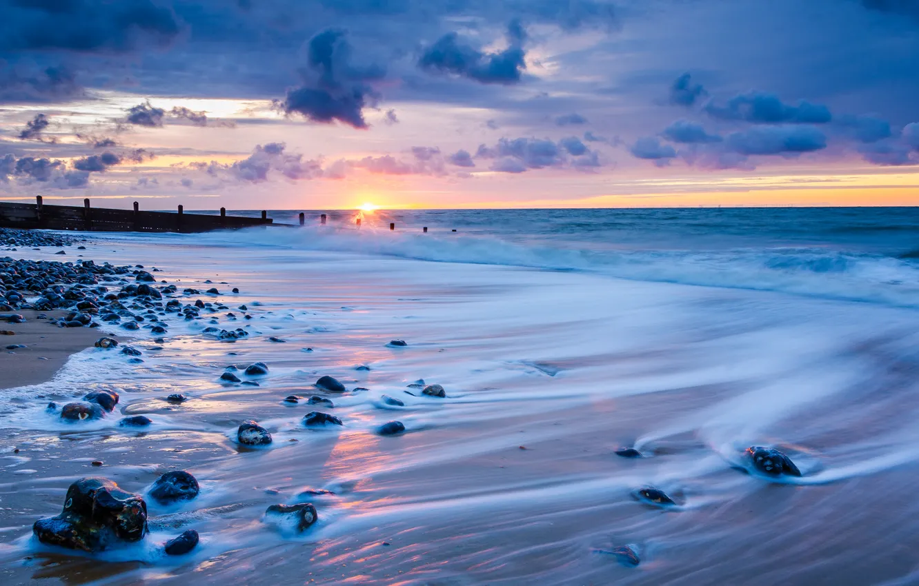 Photo wallpaper sea, the sky, the sun, clouds, sunset, clouds, stones, shore