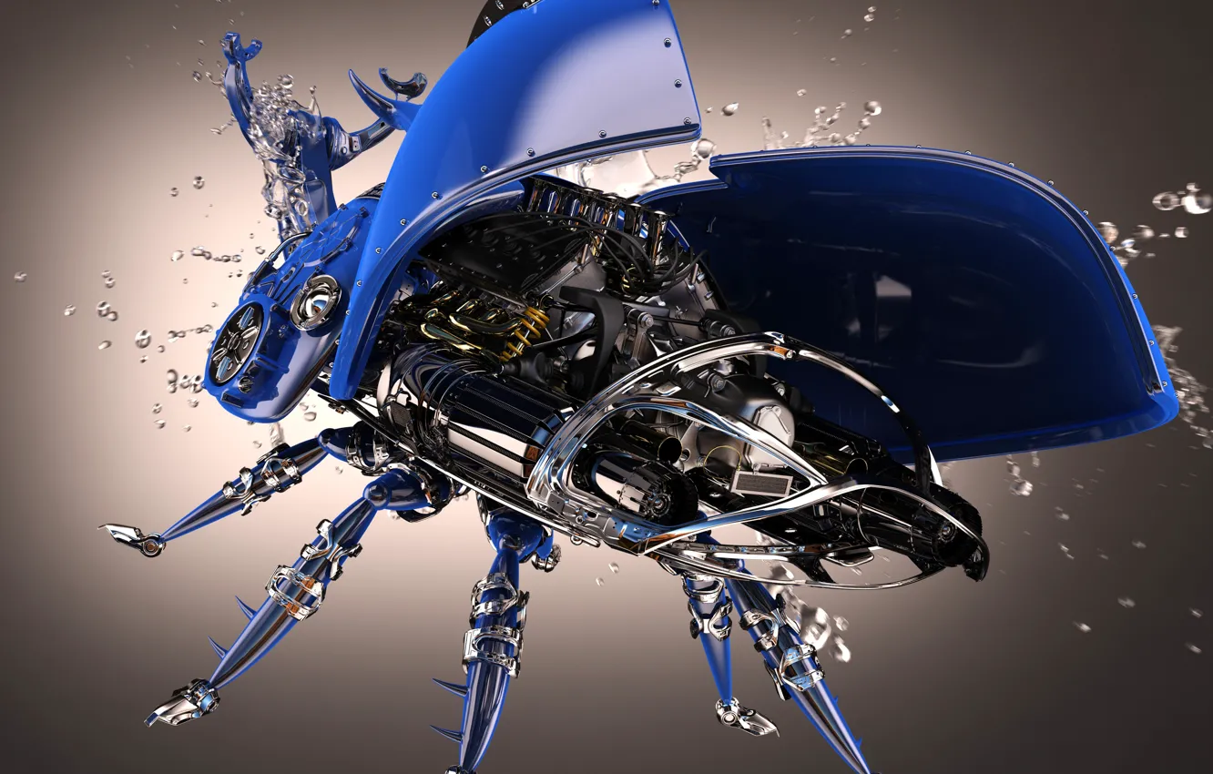 Photo wallpaper drops, blue, metal, color, wings, beetle, motor, 3Ds