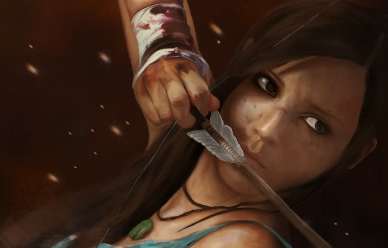 Photo wallpaper girl, blood, bow, art, arrow, bandages, wound, Lara Croft