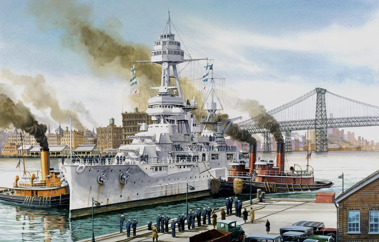Photo wallpaper machine, bridge, people, home, New York, pier, art, battleship