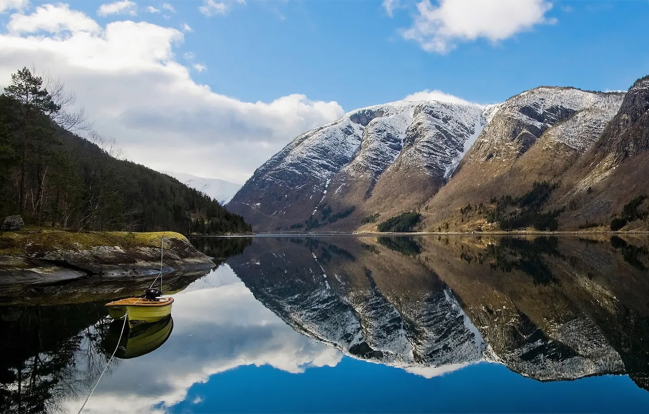 Photo wallpaper mountains, lake, reflection, boat, Nature