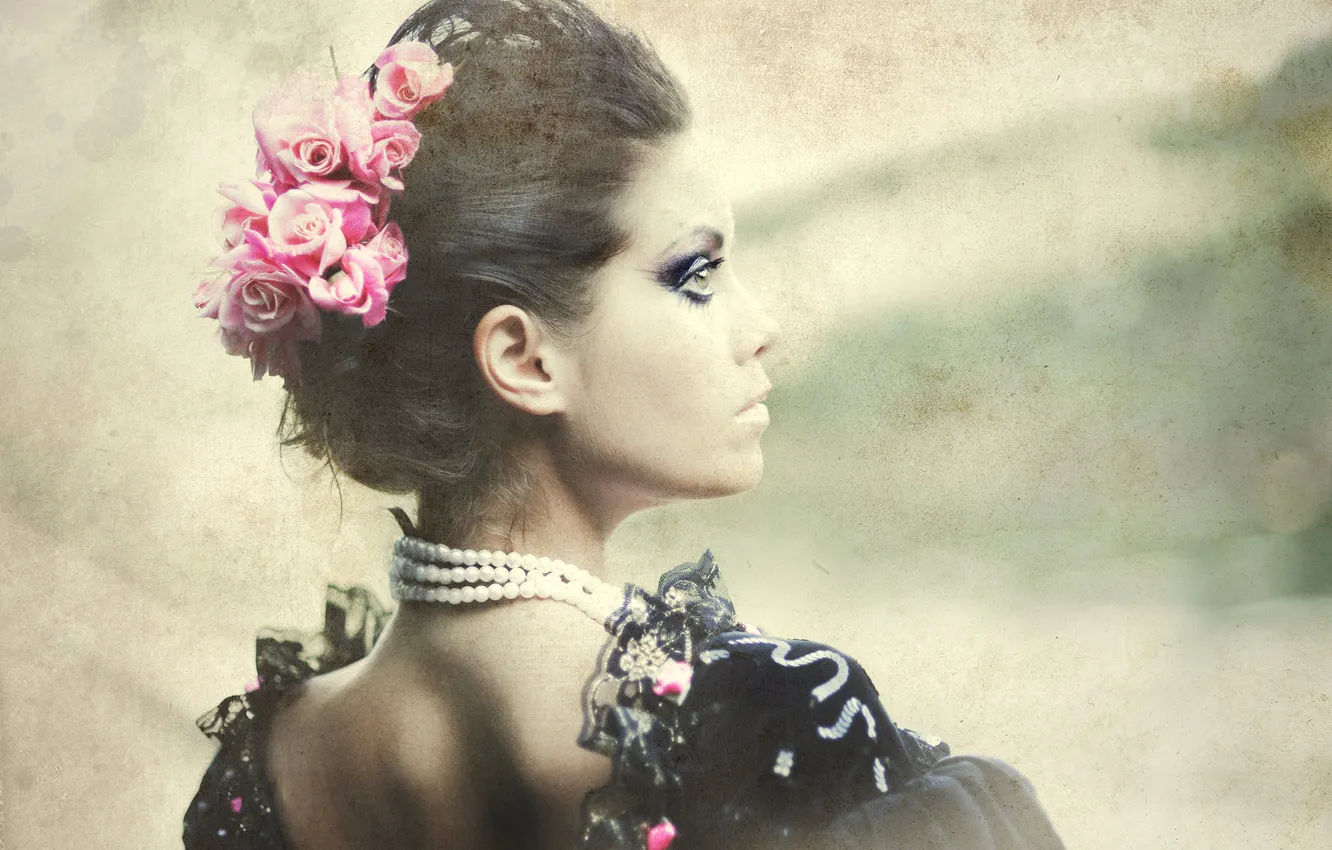 Photo wallpaper girl, flowers, hairstyle, profile, vintage, vintage