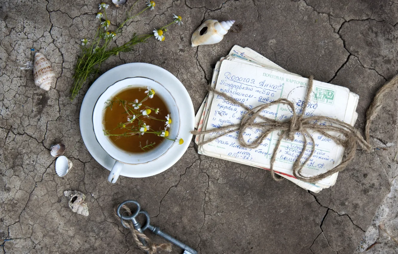 Photo wallpaper letter, tea, chamomile, key, vintage