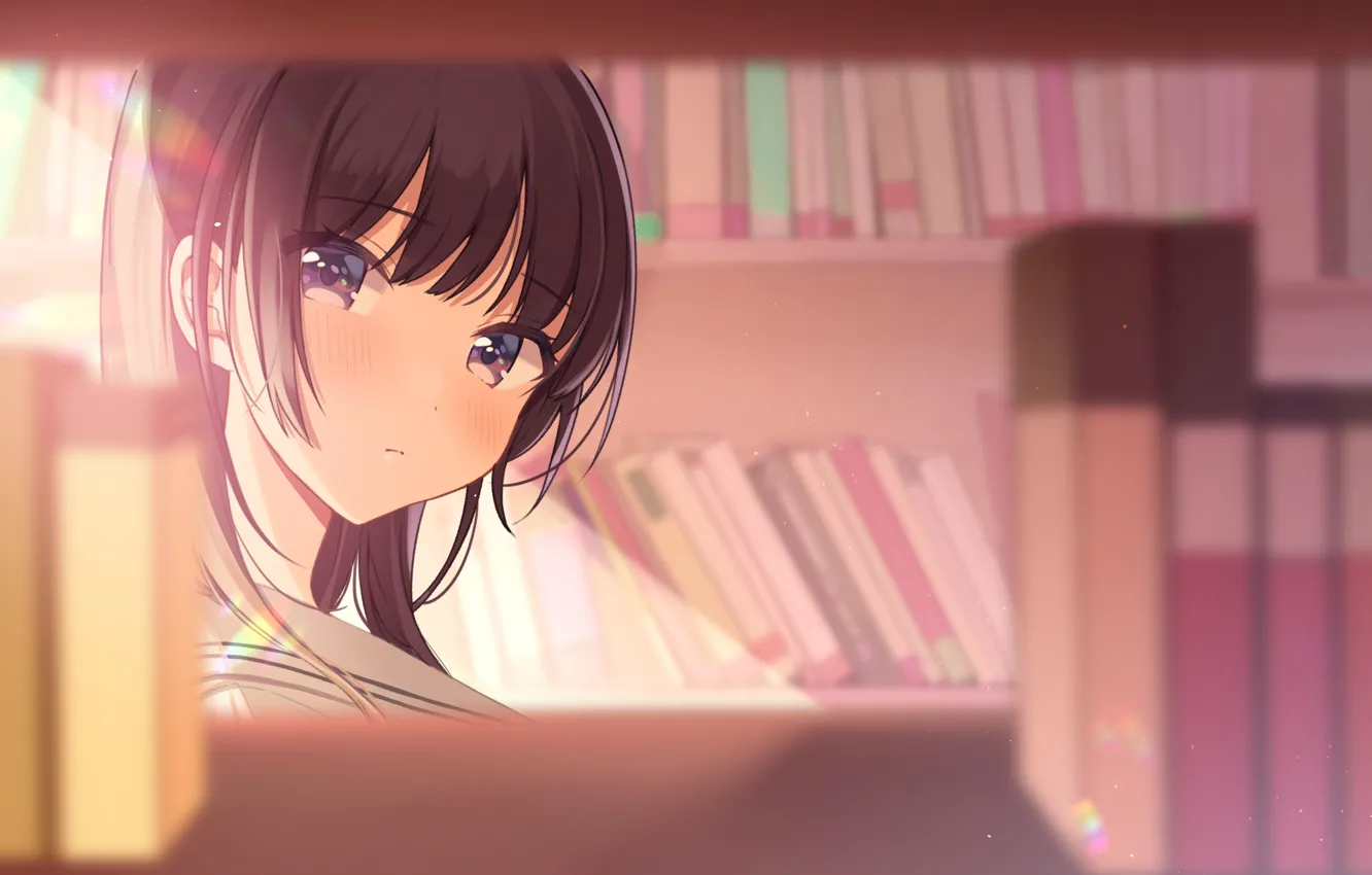 Photo wallpaper girl, book, library