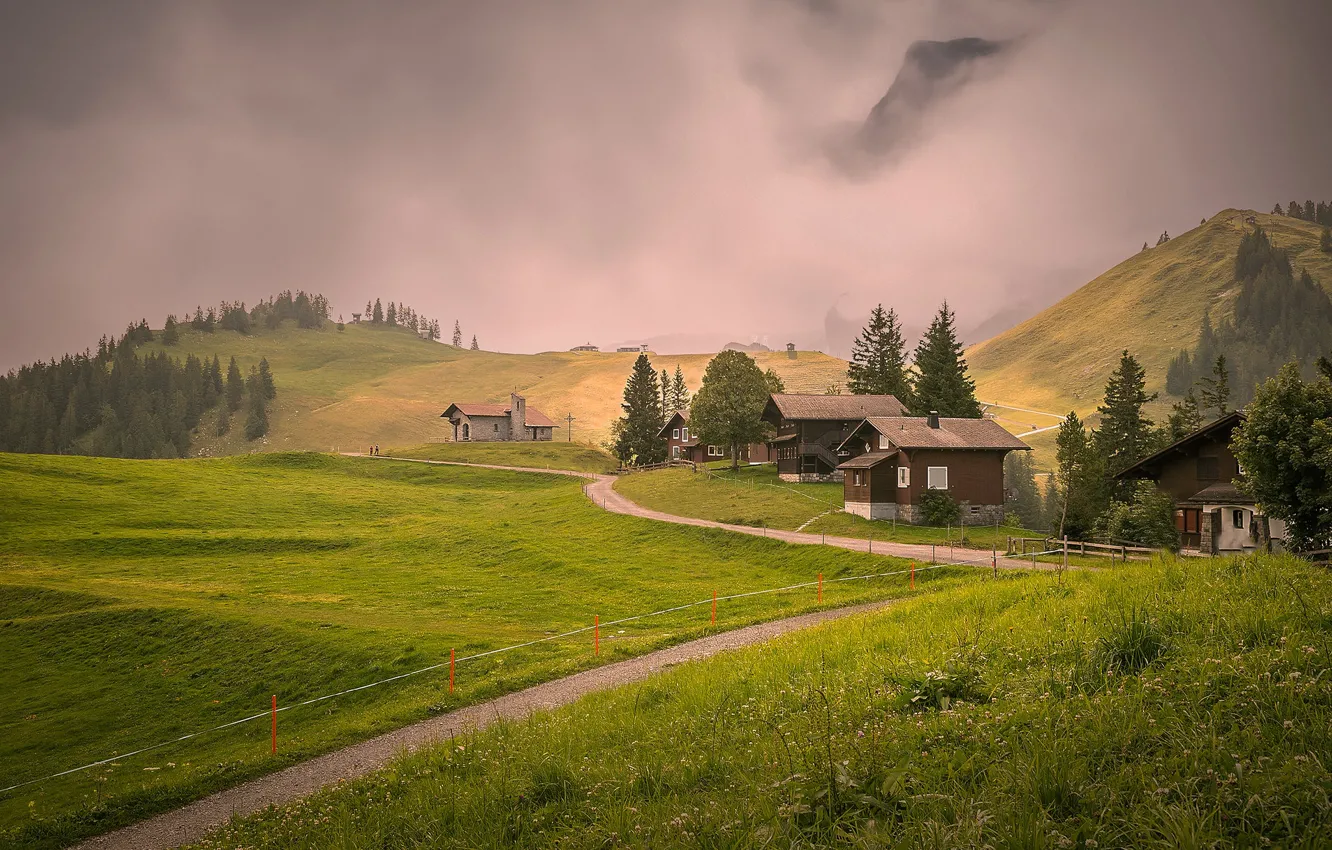 Photo wallpaper road, field, grass, clouds, mountains, fog, hills, slope