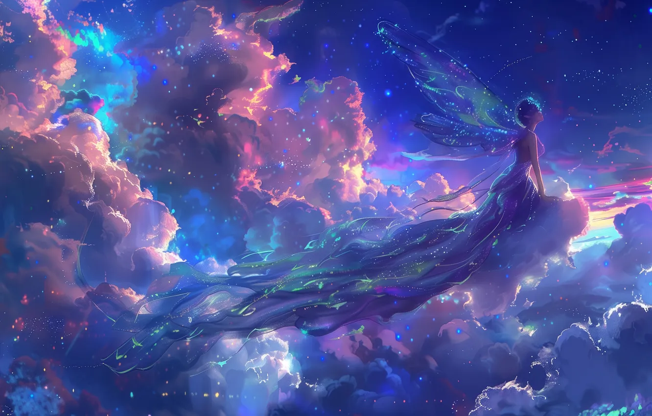 Photo wallpaper the sky, girl, light, flight, wings, dress, fairy, fantasy