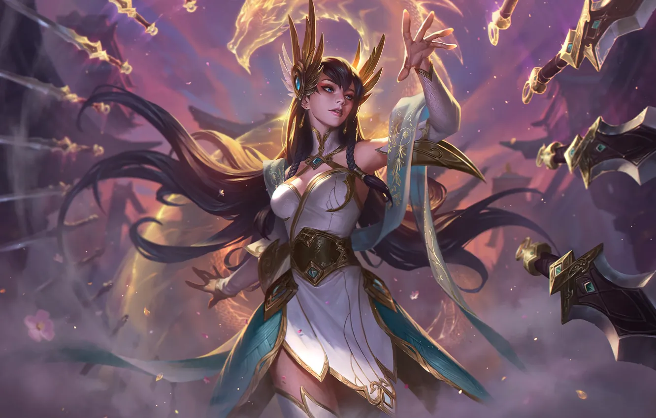 Photo wallpaper hair, dragon, petals, dress, art, sword, blade, splash