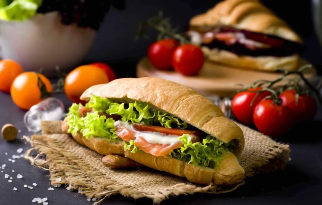 Photo wallpaper fish, tomatoes, sandwich, salad, croissant