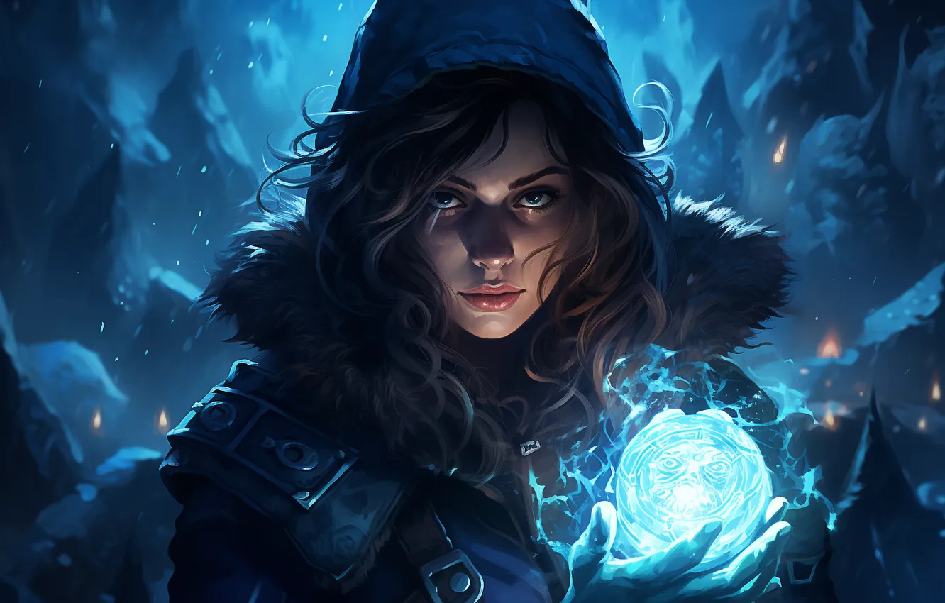 Photo wallpaper long hair, women, blue background, digital art, wavy hair, super powers, Ice Cave, AI Art