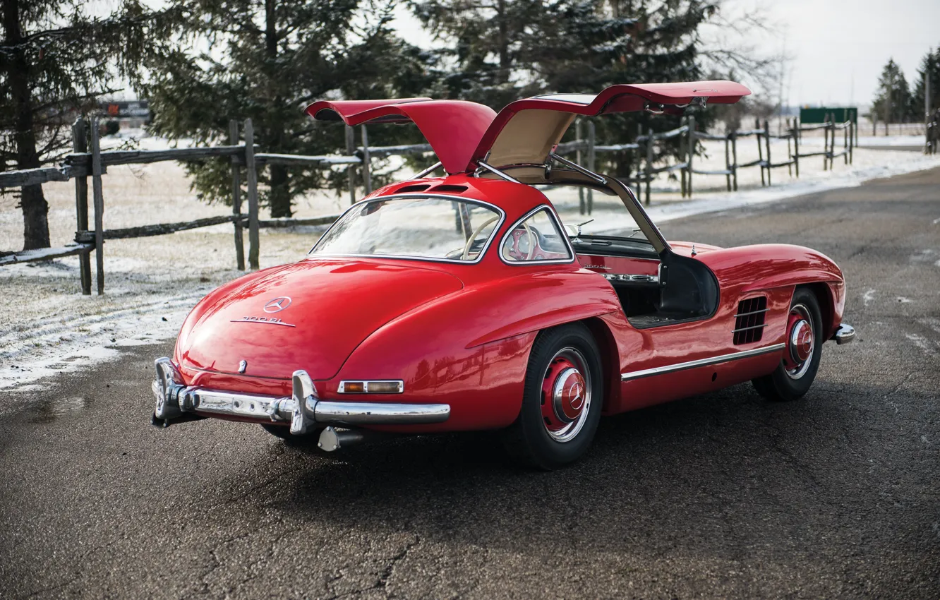 Photo wallpaper Mercedes-Benz, red, classic, 300SL, Mercedes-Benz 300 SL, Gullwing, iconic