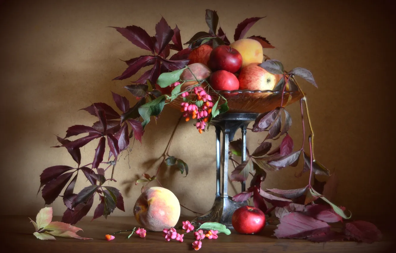 Photo wallpaper autumn, leaves, apples, still life, peaches