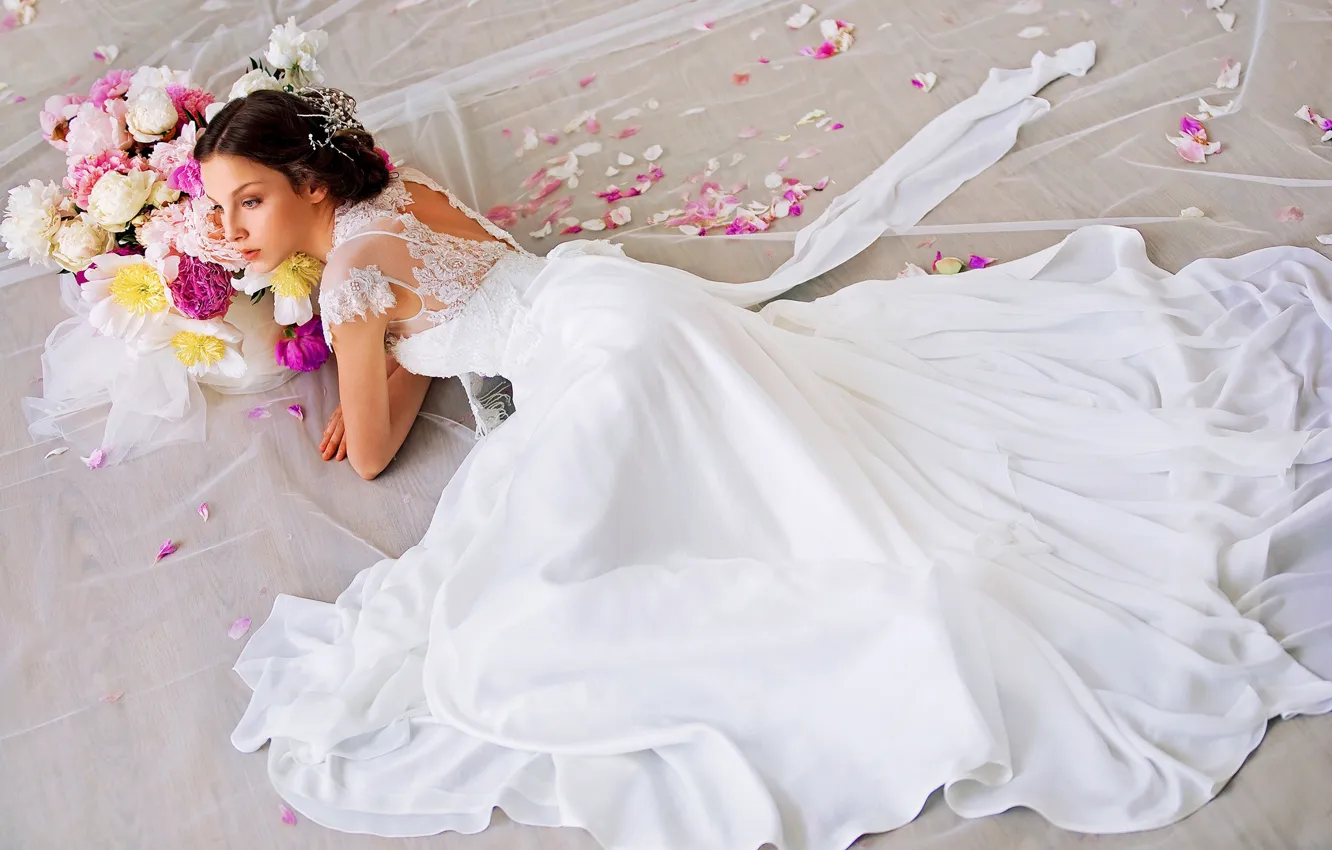 Photo wallpaper girl, flowers, dress, lies, the bride