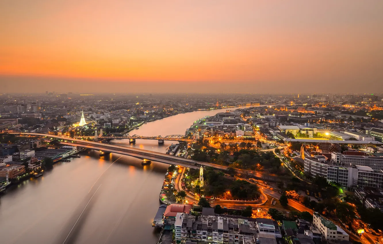 Photo wallpaper bridge, the city, river, view, the evening, panorama, Thailand, Bangkok