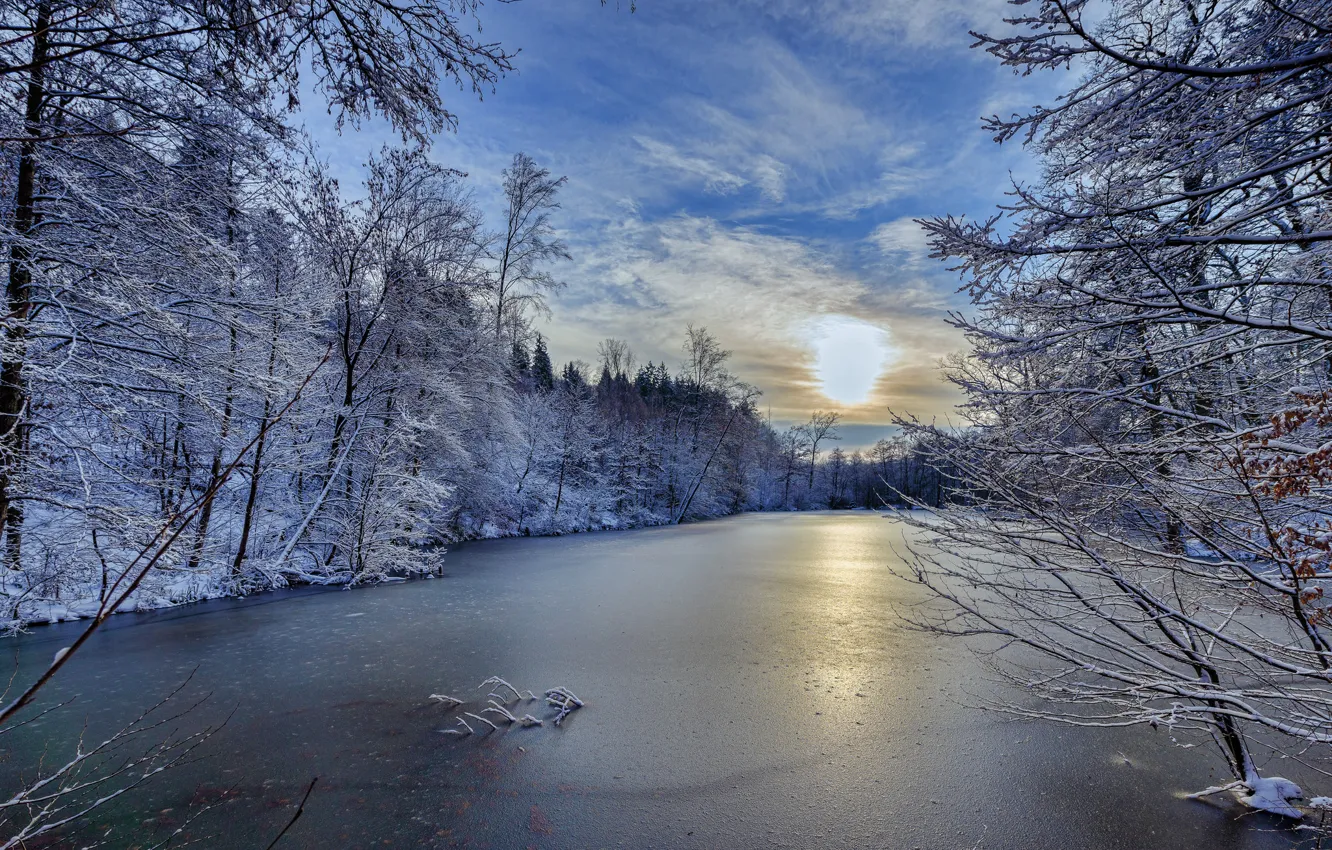 Photo wallpaper winter, trees, river, Germany, Germany, Baden-Württemberg, Baden-Württemberg, river Suippe