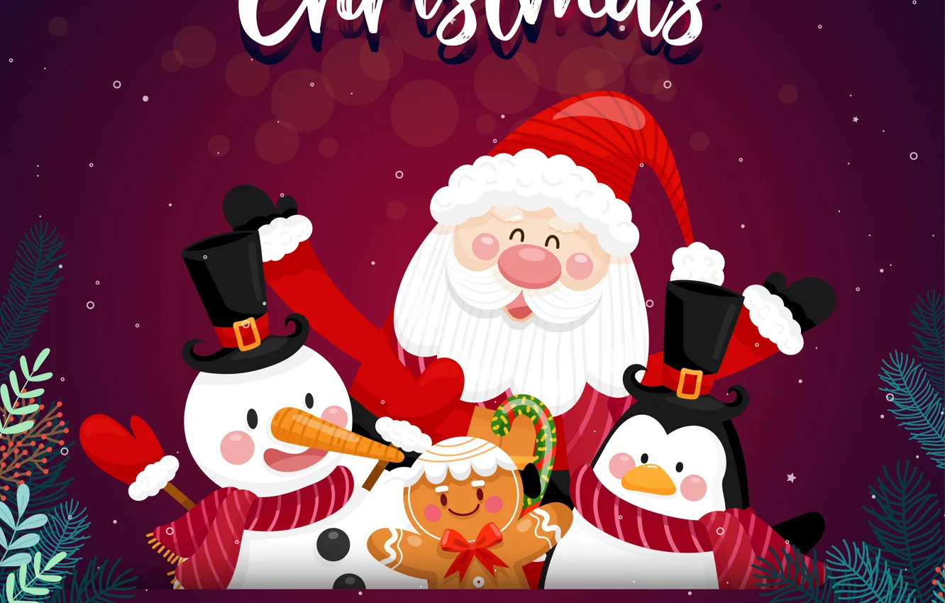 Photo wallpaper Smile, Christmas, New year, Santa Claus, Merry Christmas, Penguin, Gingerbread, Snowman