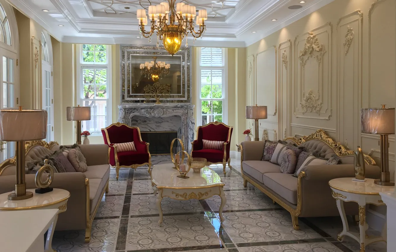 Photo wallpaper design, style, room, interior, fireplace, living room, Vintage Glamour interior, by Concept Creation Interior Design