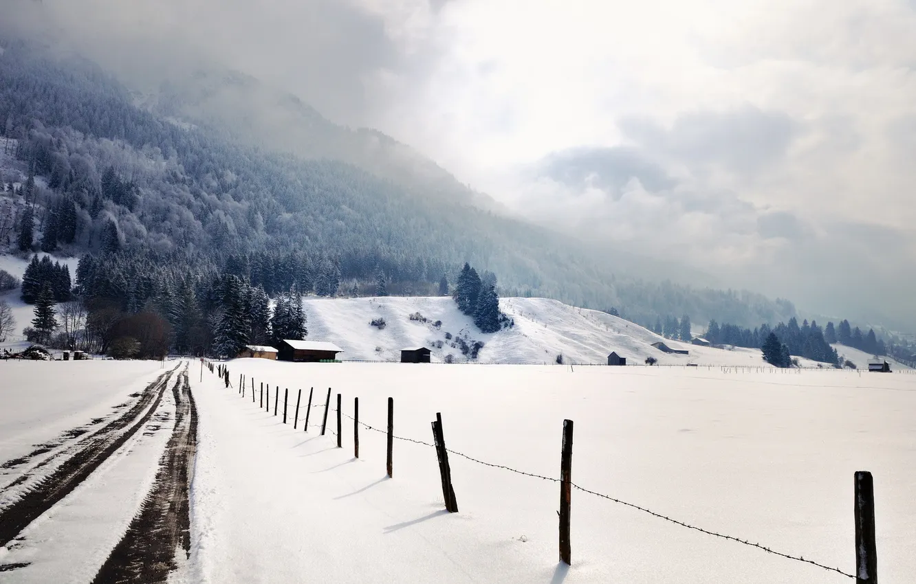 Photo wallpaper winter, road, landscape, the fence