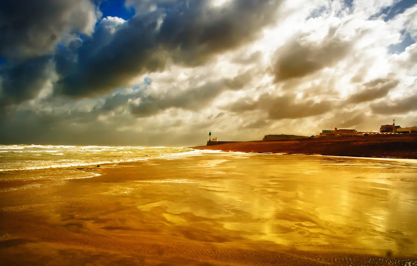 Photo wallpaper sea, beach, the sky, clouds, gold