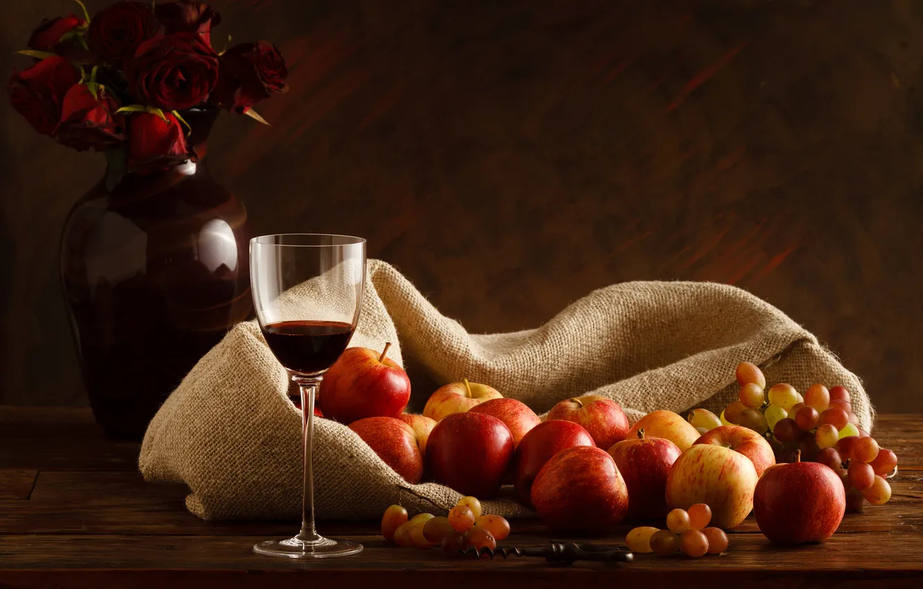 Photo wallpaper wine, apples, grapes, still life