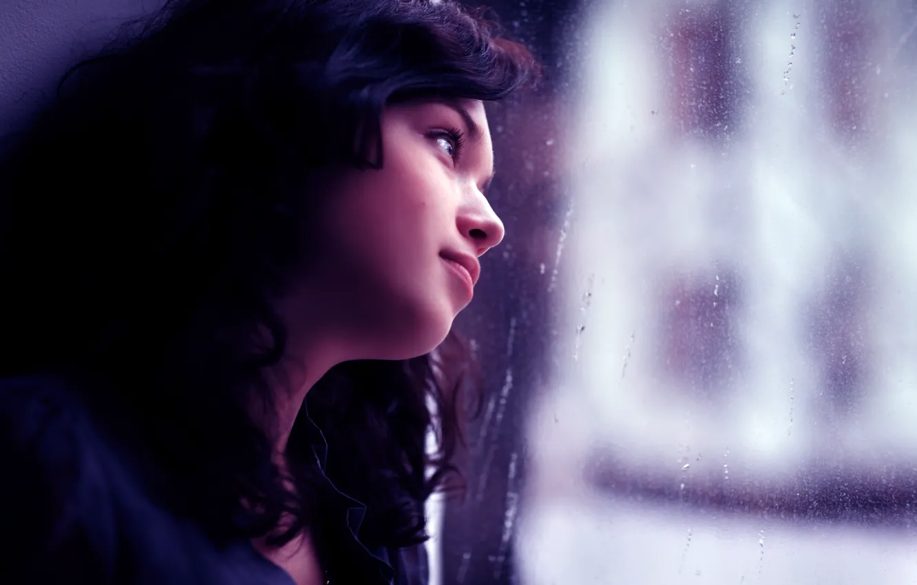 Photo wallpaper glass, girl, rain, brunette