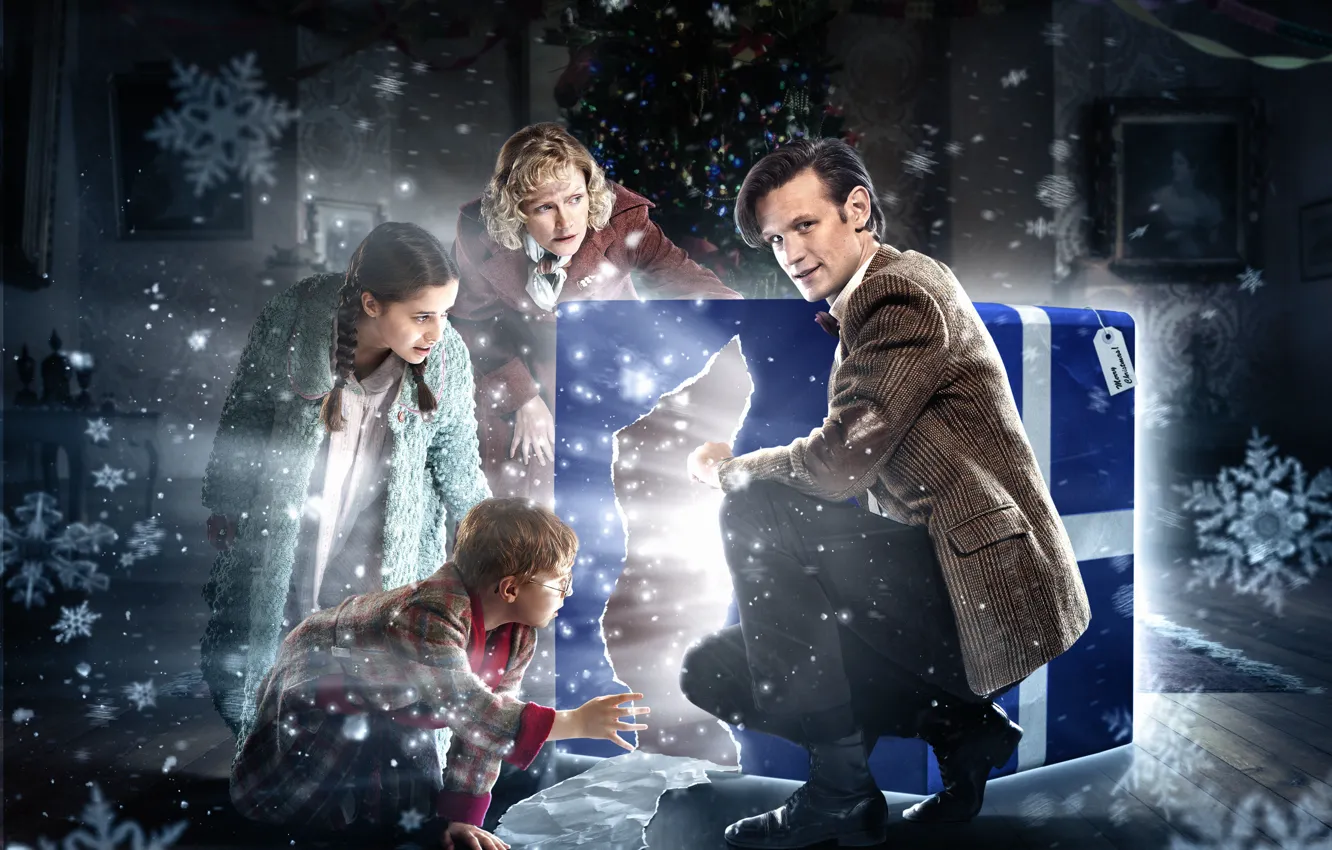 Photo wallpaper look, snowflakes, children, smile, holiday, gift, woman, tree