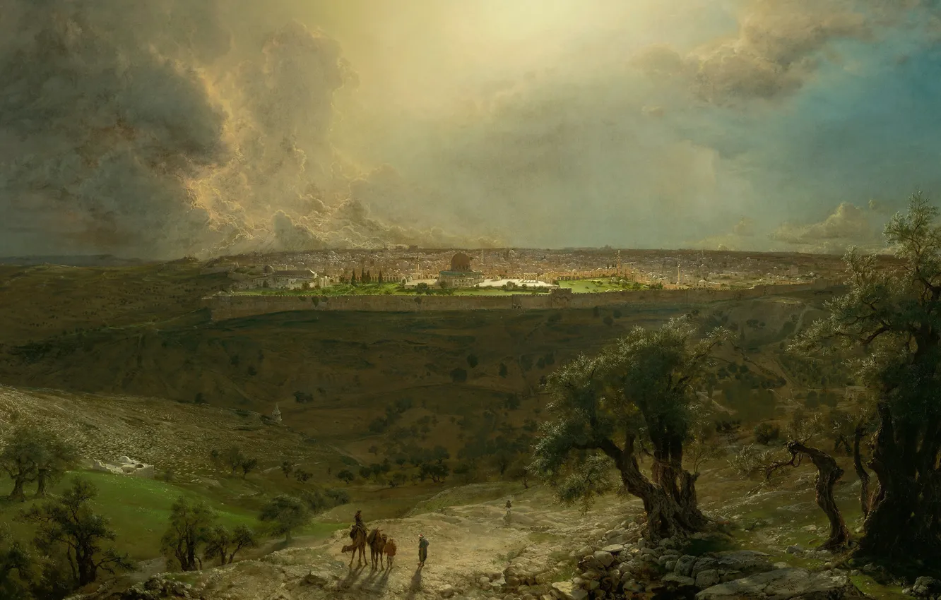 Photo wallpaper landscape, the city, picture, panorama, Frederic Edwin Church, The view of Jerusalem from the mount …