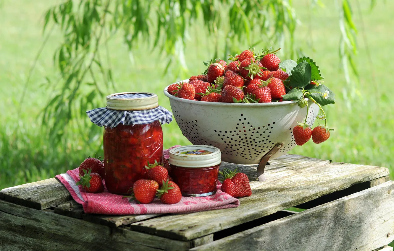 Photo wallpaper summer, leaves, berries, towel, garden, harvest, strawberry, Bank