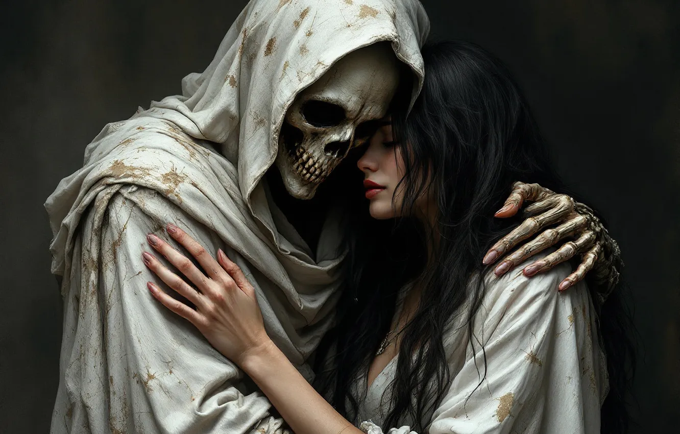 Photo wallpaper girl, death, skull, hands, blanket, brunette, hugs, black background