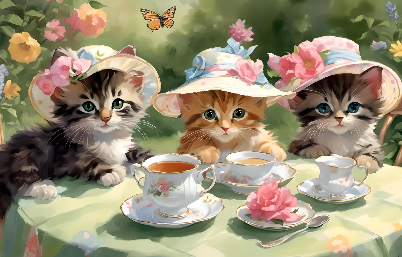 Photo wallpaper cat, summer, light, flowers, table, grey, tea, butterfly